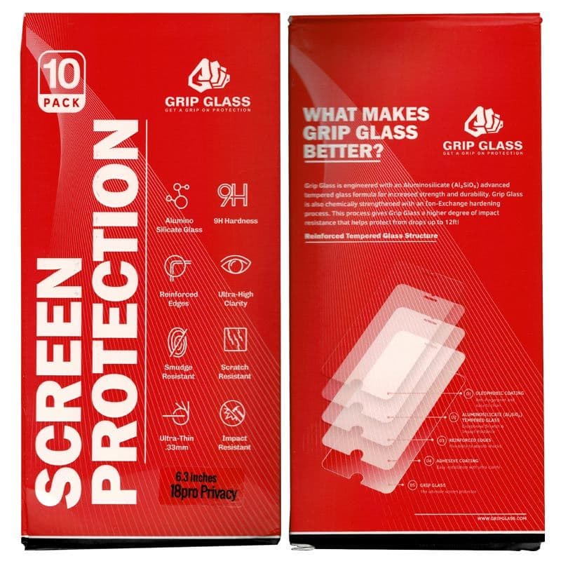 (10 Pack) Grip Glass - Tempered Glass Screen Protector for iPhone 18 Pro (Privacy) - Injured Gadgets