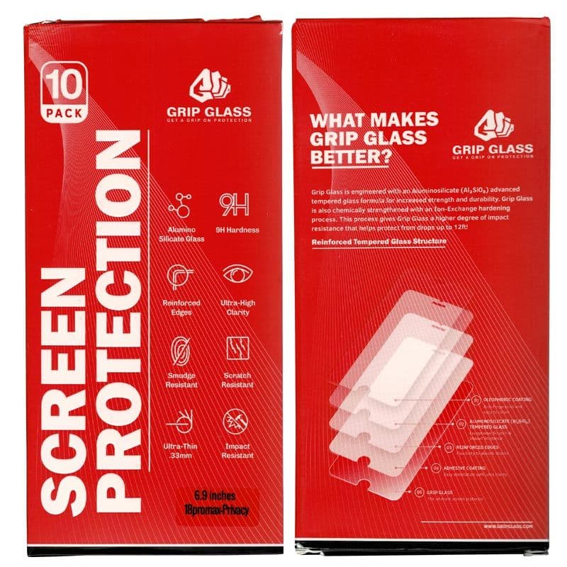 (10 Pack) Grip Glass - Tempered Glass Screen Protector for iPhone 18 Pro Max (Privacy) - Injured Gadgets