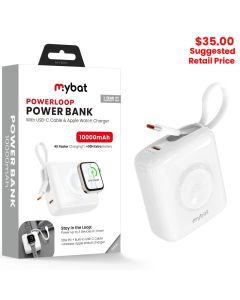 MyBat Pro - 10000mAh PowerLoop Power Bank with USB-C Cable & Watch Charger (White)