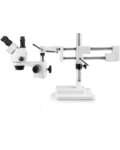 Simul-Focal Trinocular Zoom Stereo Microscope w/ Heavy Duty White Double Arm Boom Stand