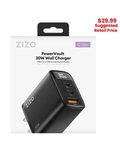 ZIZO - PowerVault 30W Dual USB-C w/ USB-A Wall Charger with Digital Power Display (Black)